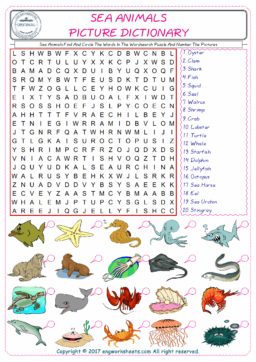  ESL wordsearch worksheets for kids, find Sea Animals words in the word wordsearch write its number on its picture English worksheet. 